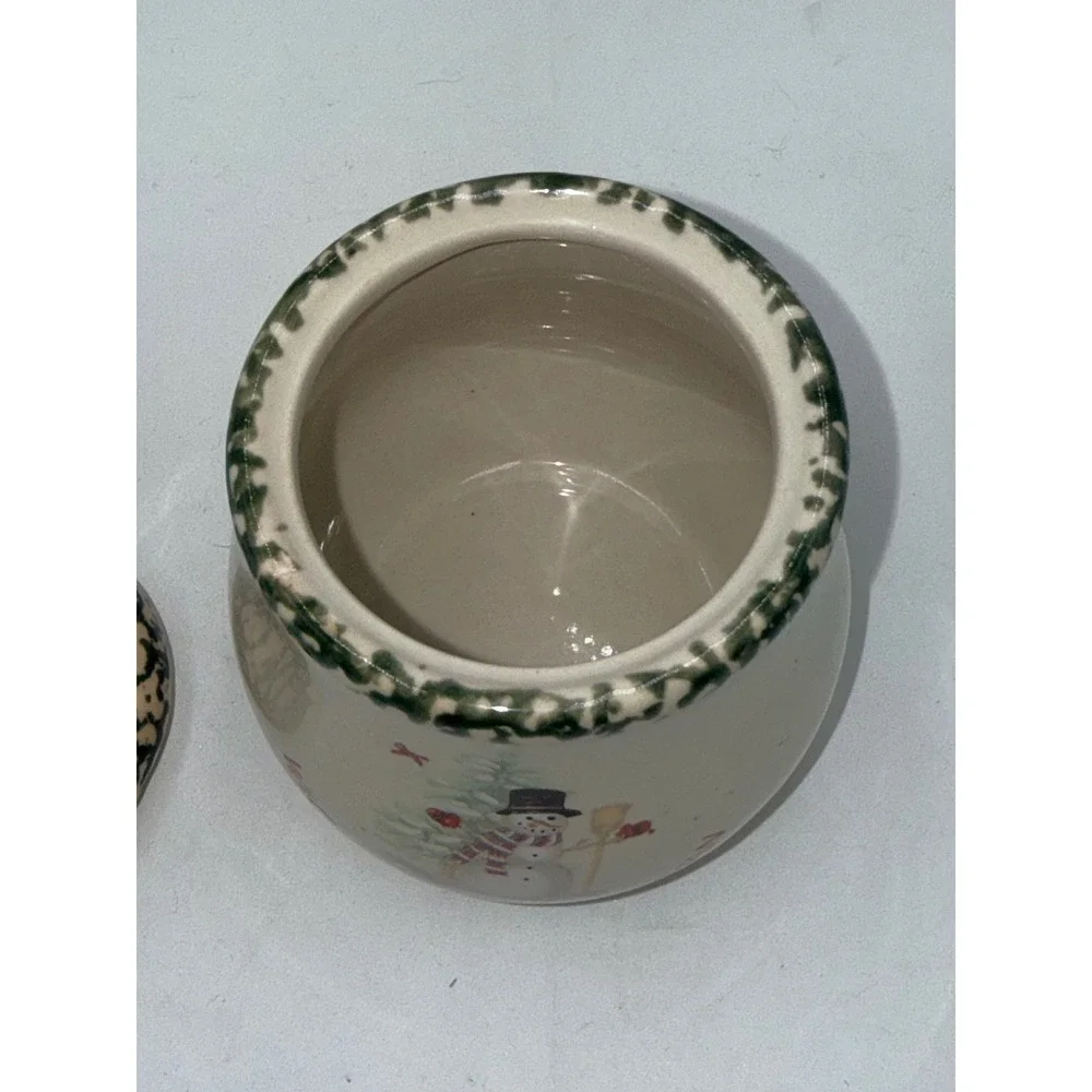 Unbranded Snowman Jam Jar Holiday Cream Green Excellent Stoneware Lidded Pot